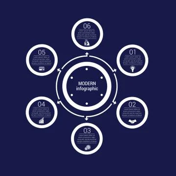 Monochrome circles in a circle. Pattern for infographic 6 positions. Dark blu Stock Illustration