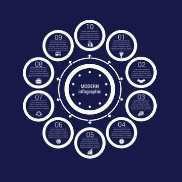 Monochrome circles in a circle. Pattern for infographic 10 positions. Dark bl Stock Illustration