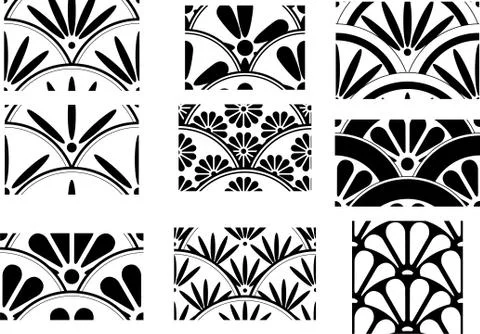 Monochrome Circular Chrysanthemum japanese pattern set Stock Illustration