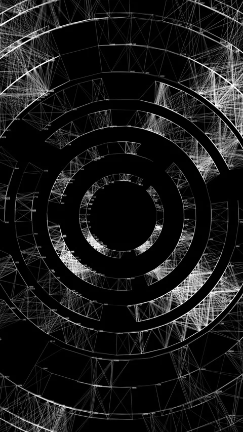 Monochrome Circular Data Grid and 3D Wireframe Radar Interface HUD Stock Footage 334777855