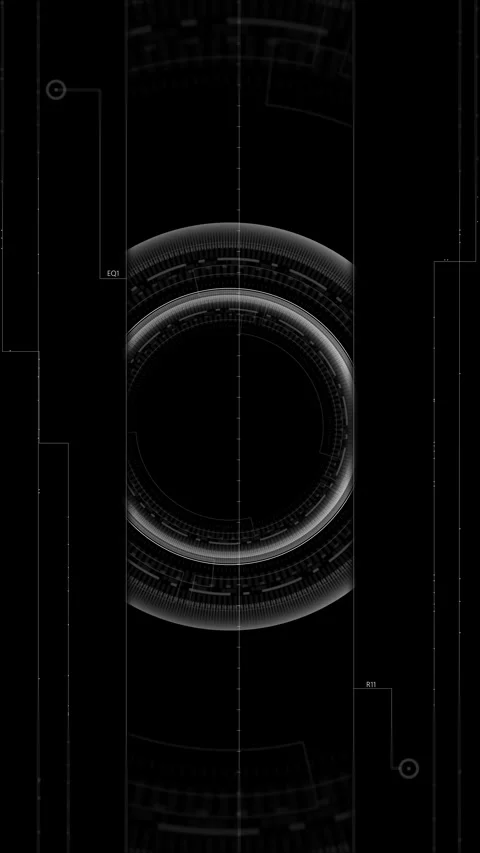 Monochrome circular HUD interface grey scanner rings, thin technical lines, blac Stock Footage 340570880