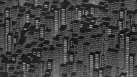 Monochrome city, modern loopable animation of a dense, dark isometric cityscape Stock Footage 337879399