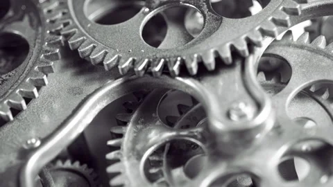 Monochrome Close-up of Complex Metal Gear System Stock Footage 332480616