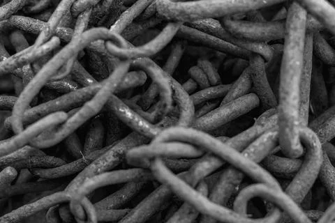 Monochrome close-up of old iron chains, emphasizing weathered metal texture,  Stock Photos