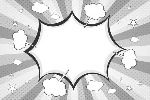 Monochrome Comic Burst Frame Background with Speech Bubble and Stars Stock Illustration