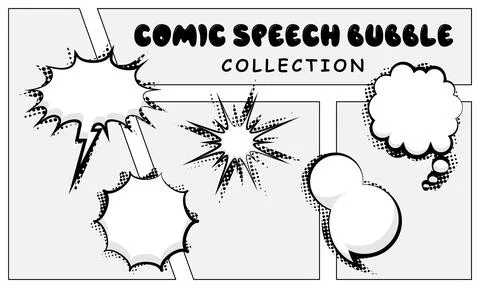 Monochrome comic speech bubble collection with halftone effects Stock Illustration