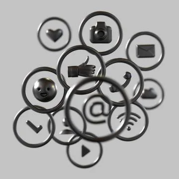 Monochrome composition of flying social network icons. - 3d, 3d rendering Stock Illustration
