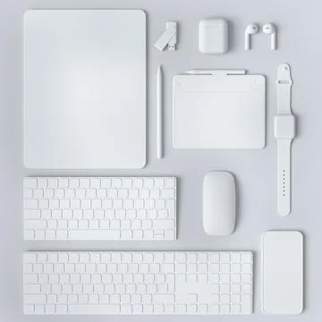 Monochrome computer tablet with keyboard, mouse and phone isolated on white Stock Illustration