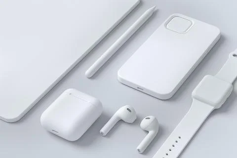 Monochrome computer tablet with stylus, smart watch and headphones on white Stock Illustration