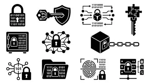 Monochrome cybersecurity elements for blockchain and digital asset protecti.. Stockillustratie