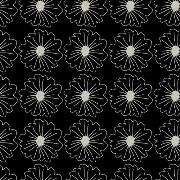 Monochrome daisy flowers seamless pattern on black background. Modern botanic Illustrazione stock
