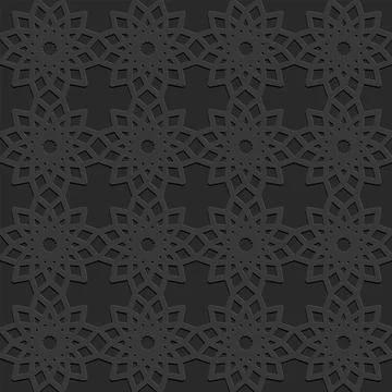 Monochrome dark arabic seamless pattern embossed perforated black background, 스톡 일러스트