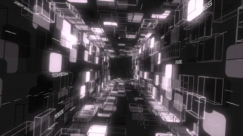 Monochrome Data Block Tunnel with Rotating Z-Axis Server Corridor Stock Footage 344348145