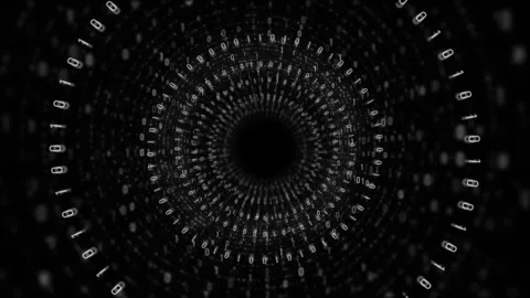 Monochrome digital binary vortex visual white code particles, black circular tun Stock Footage 340525692