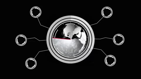 Monochrome Digital Globe with HUD Elements and White Orbiting Circles on Bl.. Stock Footage 331878497