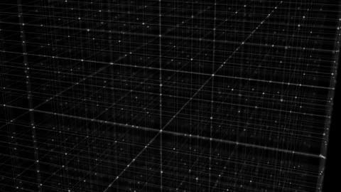 Monochrome digital grid network white intersecting lines, glowing nodes, dark te Stock Footage 340571962