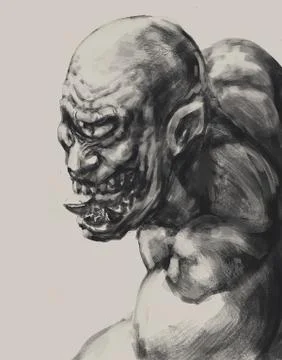 Monochrome drawing of a vicious cyclops creature - Digital fantasy painting Stock Illustration