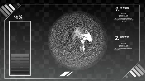 Monochrome earth globe animation with rotating digital sphere and code over.. Vidéo 337364312
