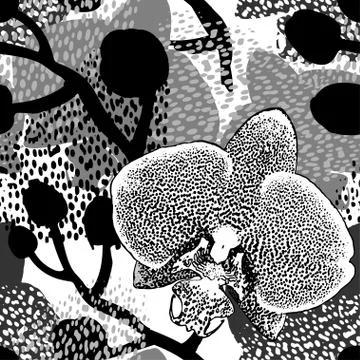 Monochrome floral vector seamless pattern with motley orchid flowers on gray Stock Illustration