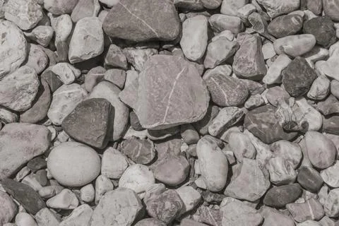 Monochrome full frame background texture of smooth rounded river pebbles an.. Stock Photos