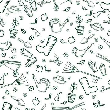 Monochrome funny garden seamless pattern, dark green color outli Stock Illustration