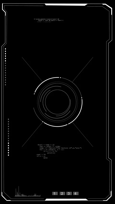 Monochrome futuristic coding frame white HUD rings, dark empty screen, thin tech Video stock 334125047