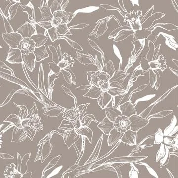 Monochrome graphic seamless pattern with hand drawn flowers daffodils. Stock Illustration