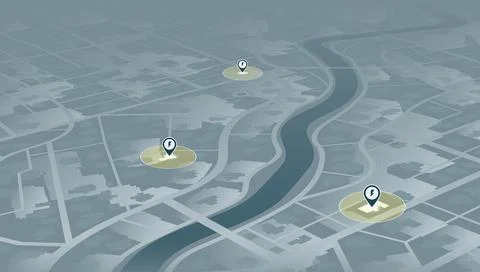 Monochrome grey city map with river and electricity icons. Vector illustration. Stock-Illustration