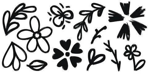 Monochrome grunge set of botanical elements Stock Illustration