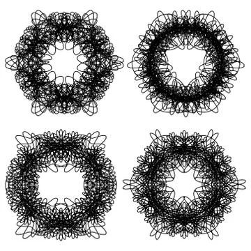 Monochrome guilloche design elements, set of four isolated motifs, black line on Stock Illustration