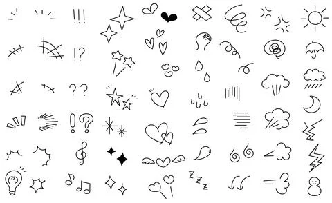 Monochrome hand-drawn comic icon set. Stock Illustration
