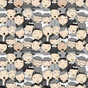 Monochrome hand drawn seamless pattern with cute various faces of children Stock Illustration