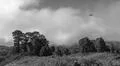 Monochrome heavenly clouds and flying drone on fertile mountain landscape Photo