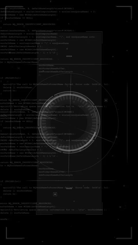 Monochrome HUD code interface background circular scanner, grey programming text Stock Footage 340570572