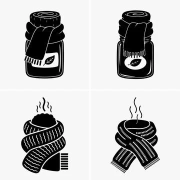 Monochrome icons present two jars with labels and two cups with steam, each d Stock Illustration