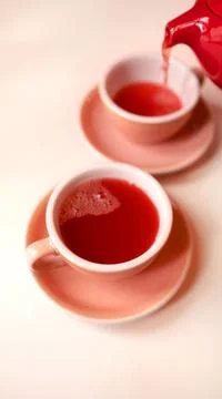 Monochrome image of raspberry or berry tea in cups with a teapot. Stock-Fotos