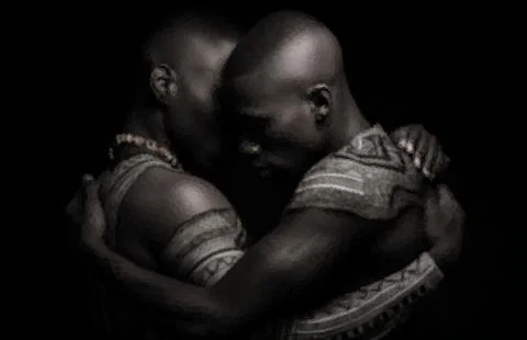 Monochrome image of two men hugging each other. The concept of happiness, love Stock Illustration