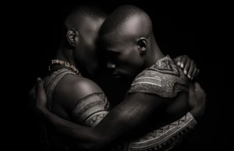 Monochrome image of two men hugging each other. The concept of happiness, love Stock Illustration