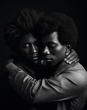 Monochrome image of two men hugging each other. The concept of happiness, love Stock Illustration