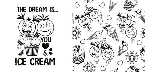 Monochrome label, pattern with ice cream sundae, fruits, emoji love couple,.. Stock Illustration
