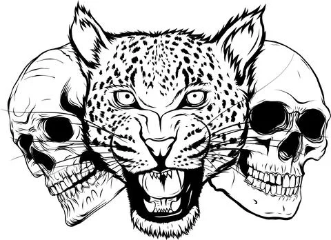Monochrome Leopard face with two human skull. Vector illustration on white Stock Illustration