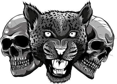 Monochrome Leopard face with two human skull. Vector illustration on white Stock Illustration