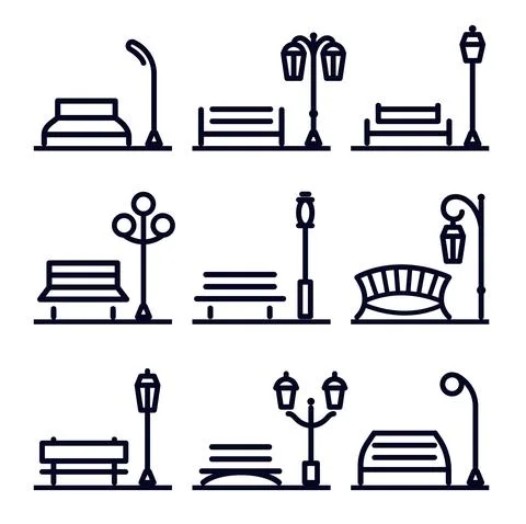Monochrome linear abstract landscape design element set, park street elements Ilustración de archivo