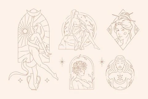 Monochrome linear logo beautiful elegant antique esoteric woman half moon bot Ilustração Stock