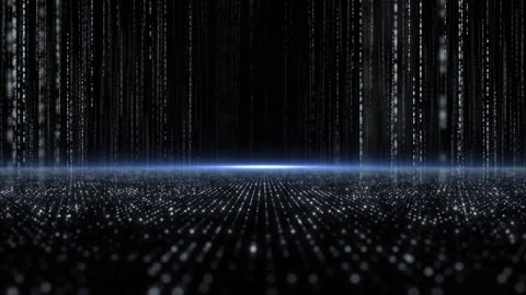 Monochrome matrix code rain visual with white dotted floor, falling vertical dat Stock Footage 340552931