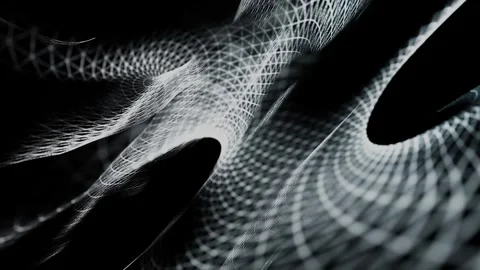 Monochrome mesh waves twist in dark space, forming an elegant abstract struct Video stock 332803700