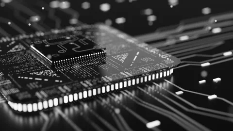 Monochrome microchip with illuminated pathways Stock Footage 338985659