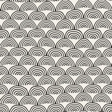 Monochrome minimalistic seamless pattern with arcs. Simple hand drawn textu.. Illustrazione stock