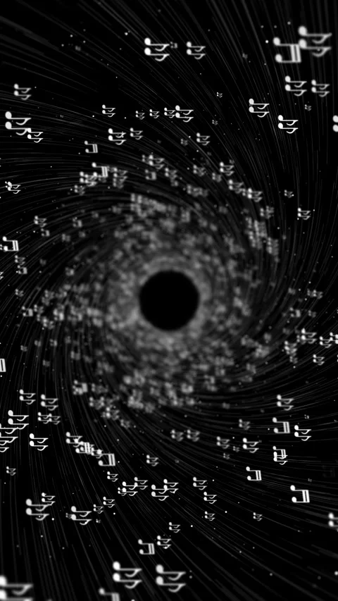 Monochrome music vortex white notes, spiral motion lines, and black tunnel cente Stock Footage 340556350