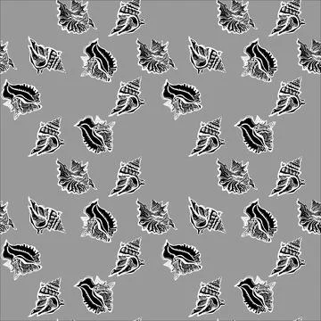 Monochrome ocean seamless pattern with black and white seashell on gray. Illustrazione stock